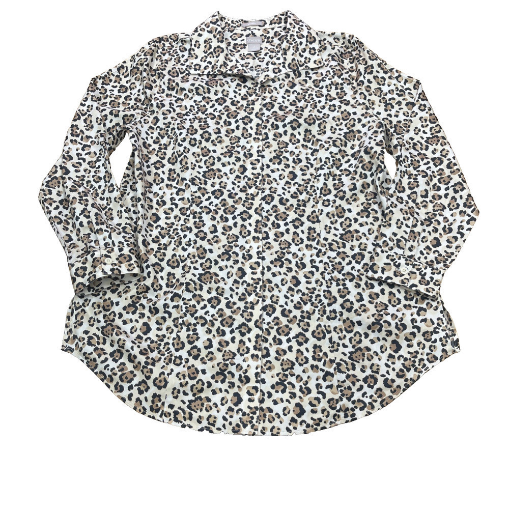 Chico's Animal Print No Iron Button Up Shirt Blouse Size 2 12/14 Mob Wife